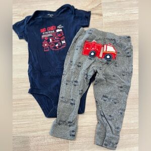 Carter's Blue Firetruck Bodysuit and Gray Vehicle Pants Set Size 18 Months